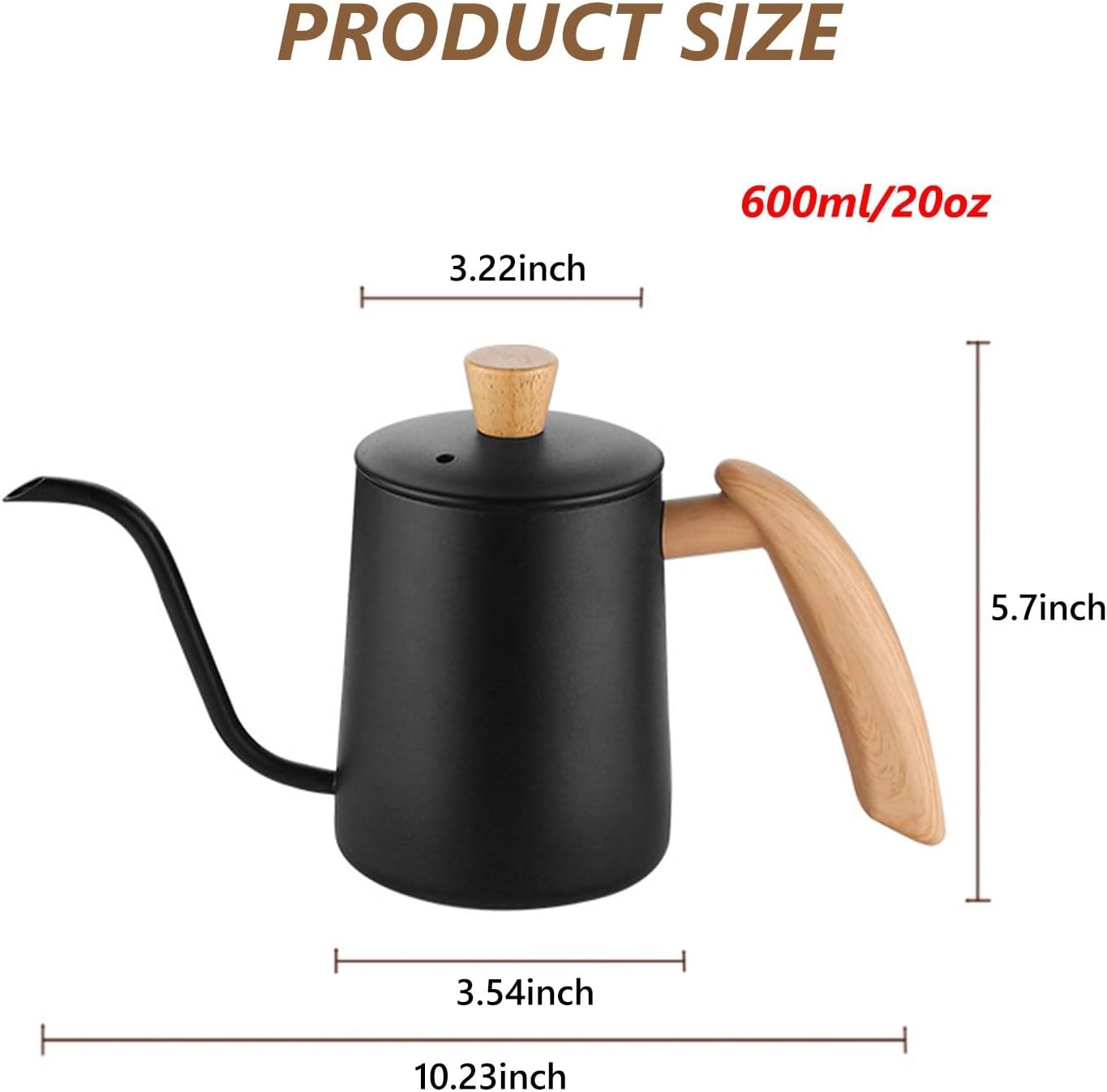 304 Stainless Steel Pour Over Coffee Kettle with Gooseneck Spout - Barista Pour Control Design, Wood Handle, Camping Kettle - 20oz Black