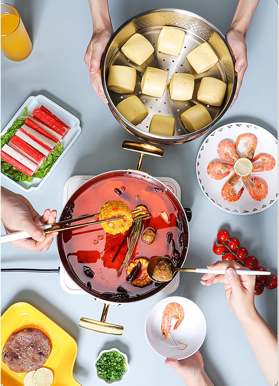 304 Stainless Steel Steamer Cookware and Soup Pot with Super Thick 3-Layer Composite Bottom - Ideal for Steamed Buns and Boiled Noodles - Available in Silver, Size 22cm and 28cm