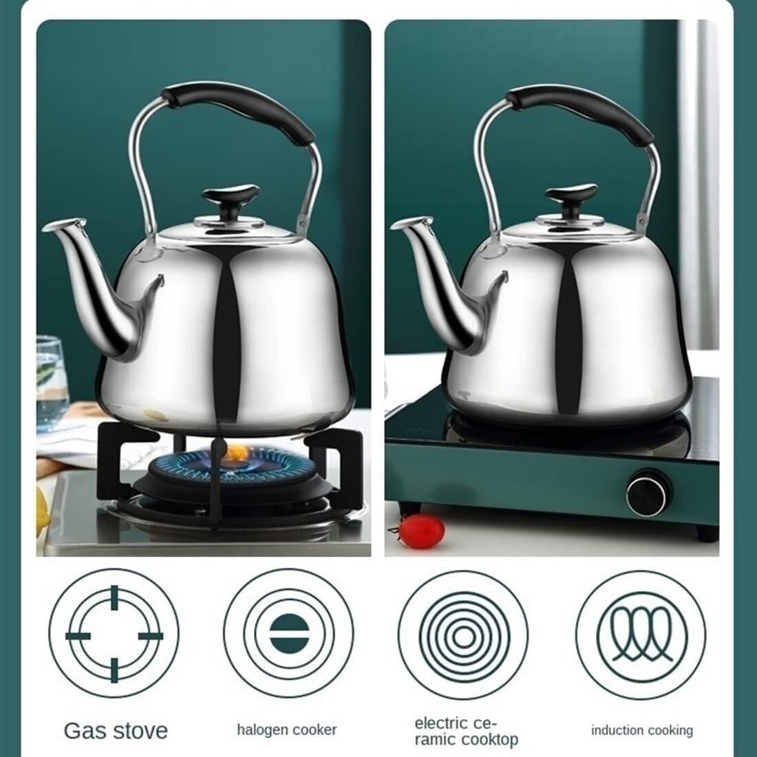304 Stainless Steel Tea Kettle with Fast Heating - Large 3.2 Quart Capacity, Ergonomic Design for All Heat Sources
