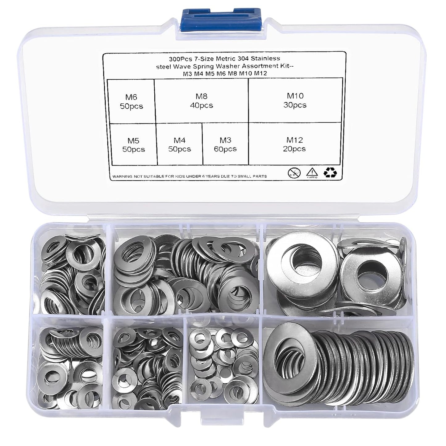 304 Stainless Steel Wave Spring Washer Assortment Kit, 300 Pcs Metric M3-M12 Curved Spring Washers
