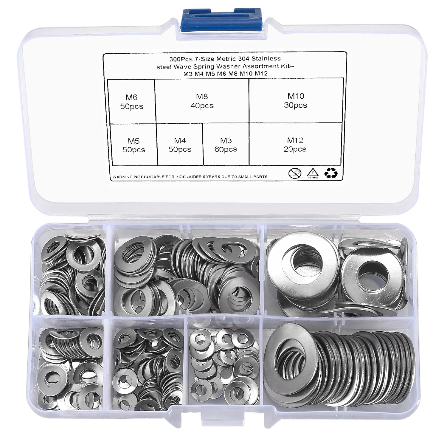304 Stainless Steel Wave Spring Washer Assortment Kit, 300 Pcs Metric M3-M12 Curved Spring Washers