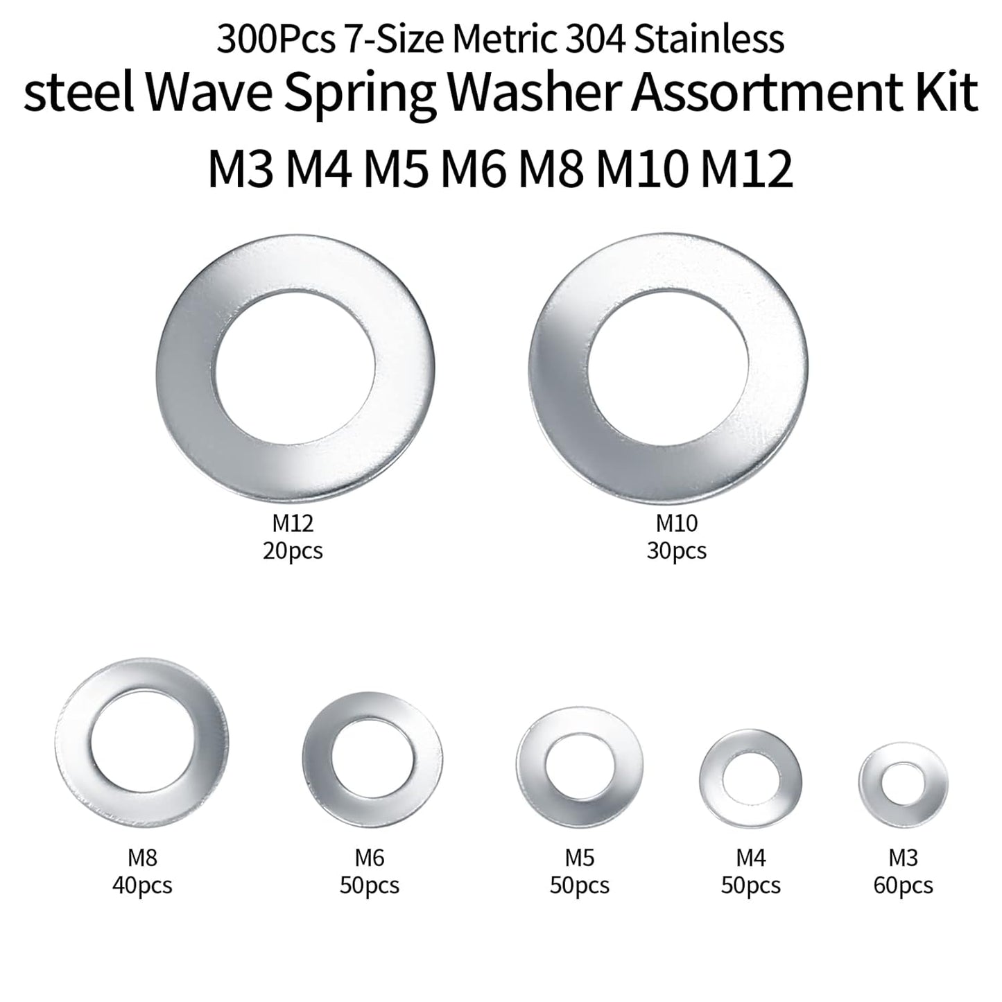 304 Stainless Steel Wave Spring Washer Assortment Kit, 300 Pcs Metric M3-M12 Curved Spring Washers