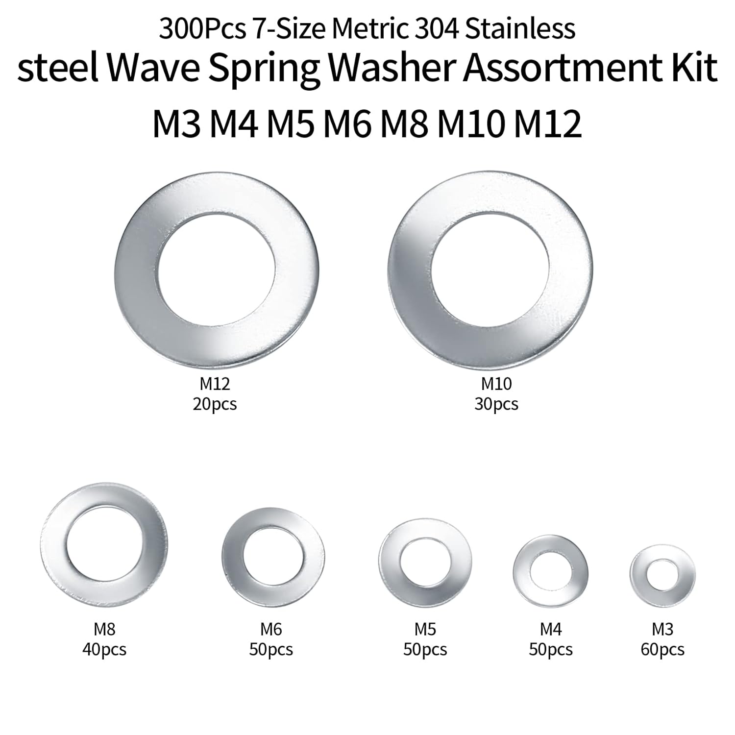 304 Stainless Steel Wave Spring Washer Assortment Kit, 300 Pcs Metric M3-M12 Curved Spring Washers