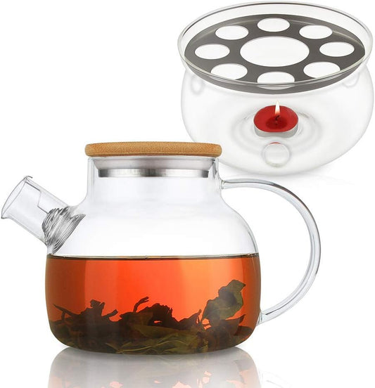 30.4oz Glass Teapot Set with Stovetop Safe Design and Glass Tea Warmer