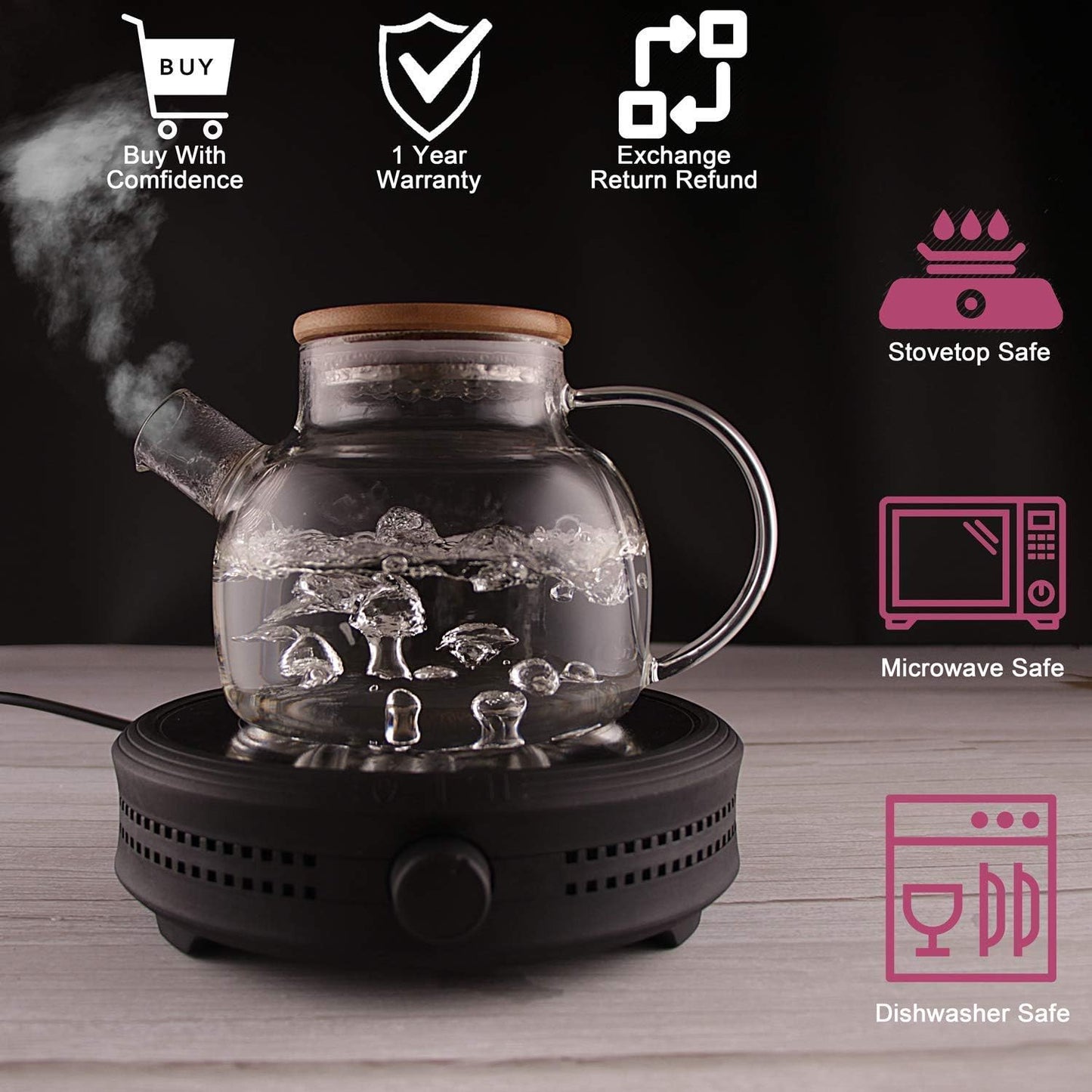 30.4oz Glass Teapot Set with Stovetop Safe Design and Glass Tea Warmer