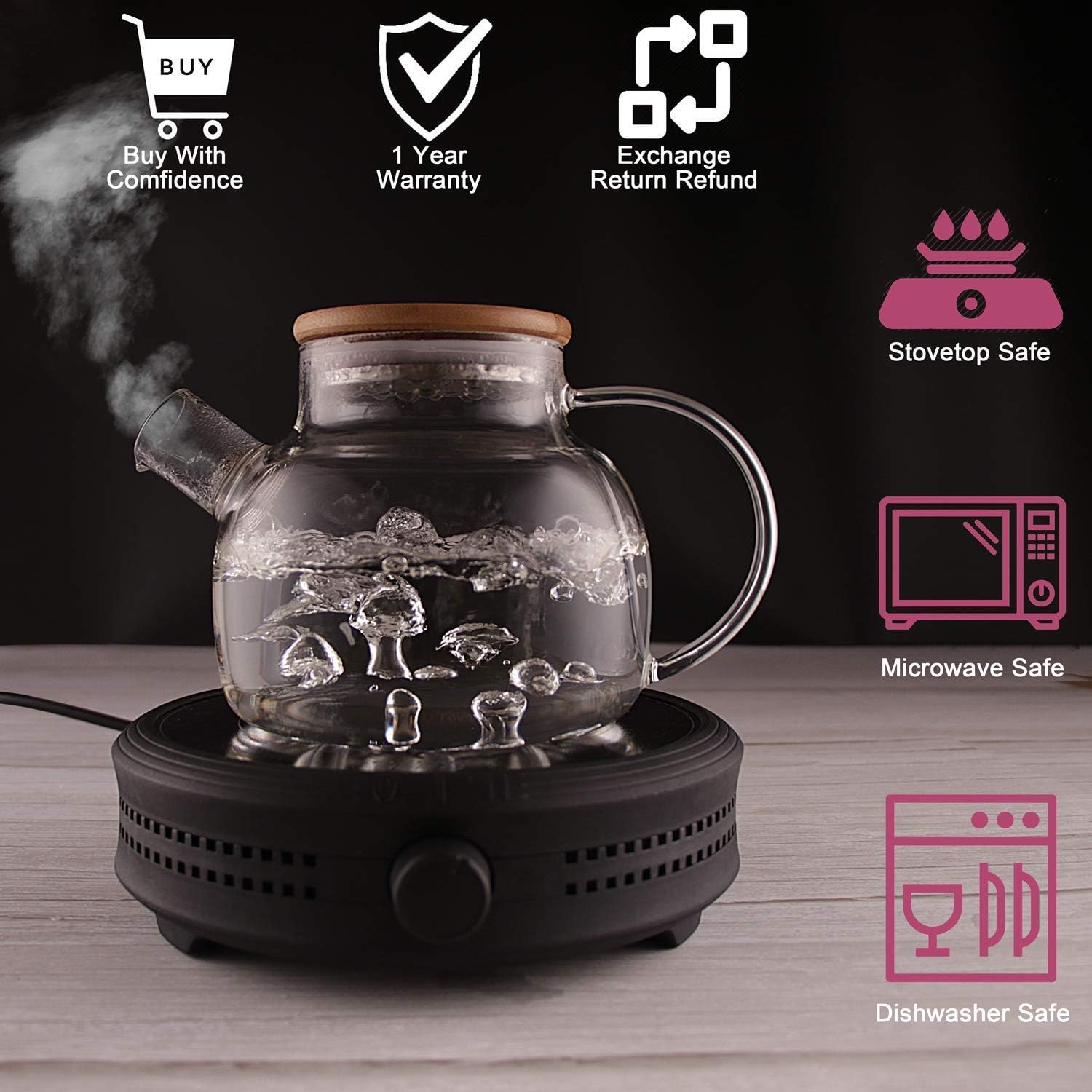 30.4oz Glass Teapot Set with Stovetop Safe Design and Glass Tea Warmer