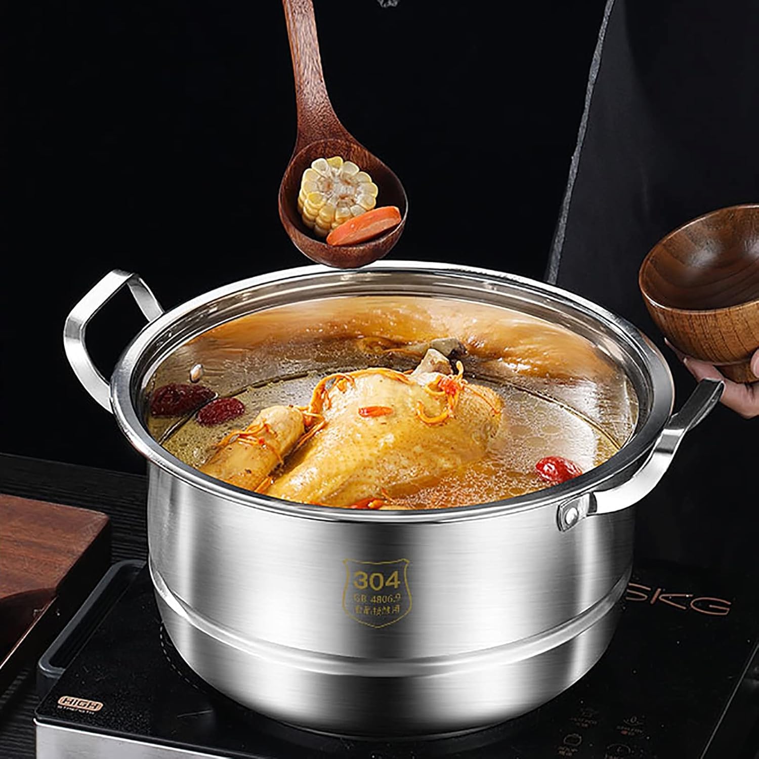 30cm YJYLYHY Steamer Cookware/Soup Pot - 304 Food Grade Stainless Steel - Thickened Energy-Gathering Pot Bottom - Ideal for Steamed Seafood and Chicken Soup