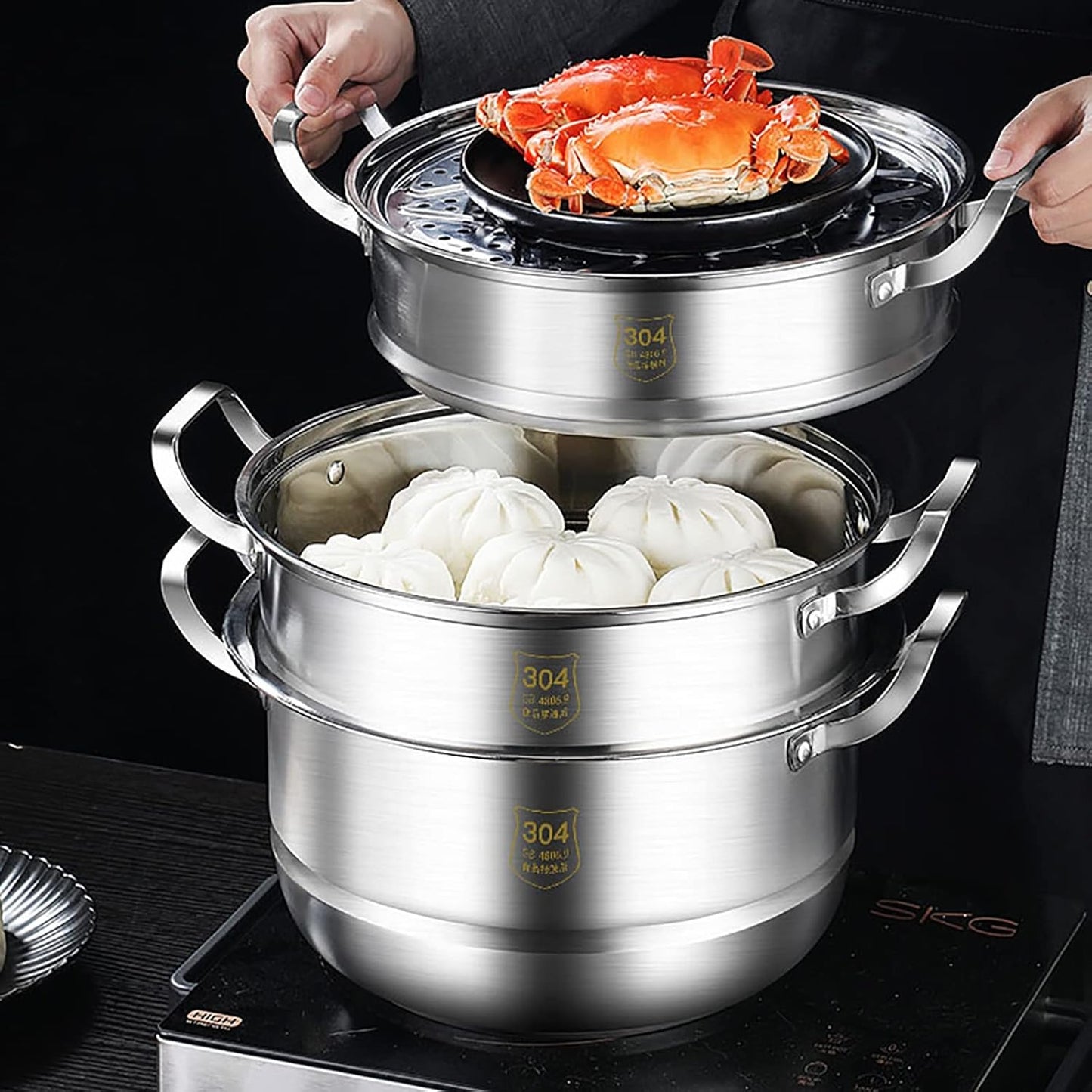 30cm YJYLYHY Steamer Cookware/Soup Pot - 304 Food Grade Stainless Steel - Thickened Energy-Gathering Pot Bottom - Ideal for Steamed Seafood and Chicken Soup