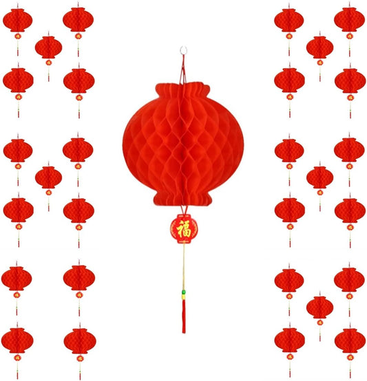30pcs Red Chinese Paper Lanterns for Lunar Snake New Year & Weddings - 25cm - 9.9inch