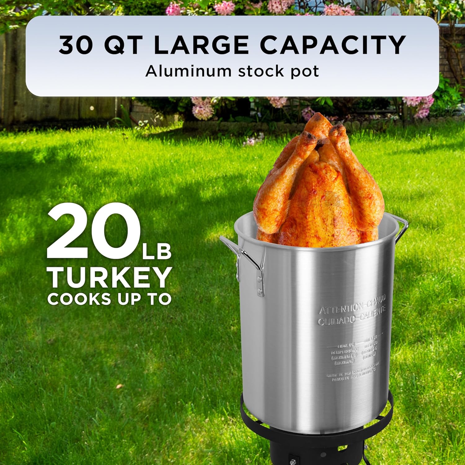 30QT Aluminum Turkey Pot with Lid and Side Handles for Seafood and Turkey Cooking Outdoors