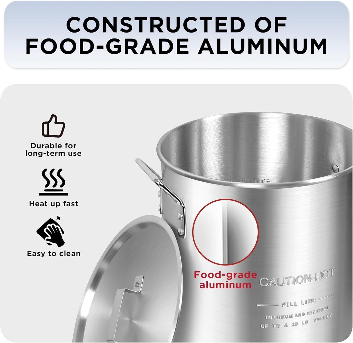 30QT Aluminum Turkey Pot with Lid and Side Handles for Seafood and Turkey Cooking Outdoors