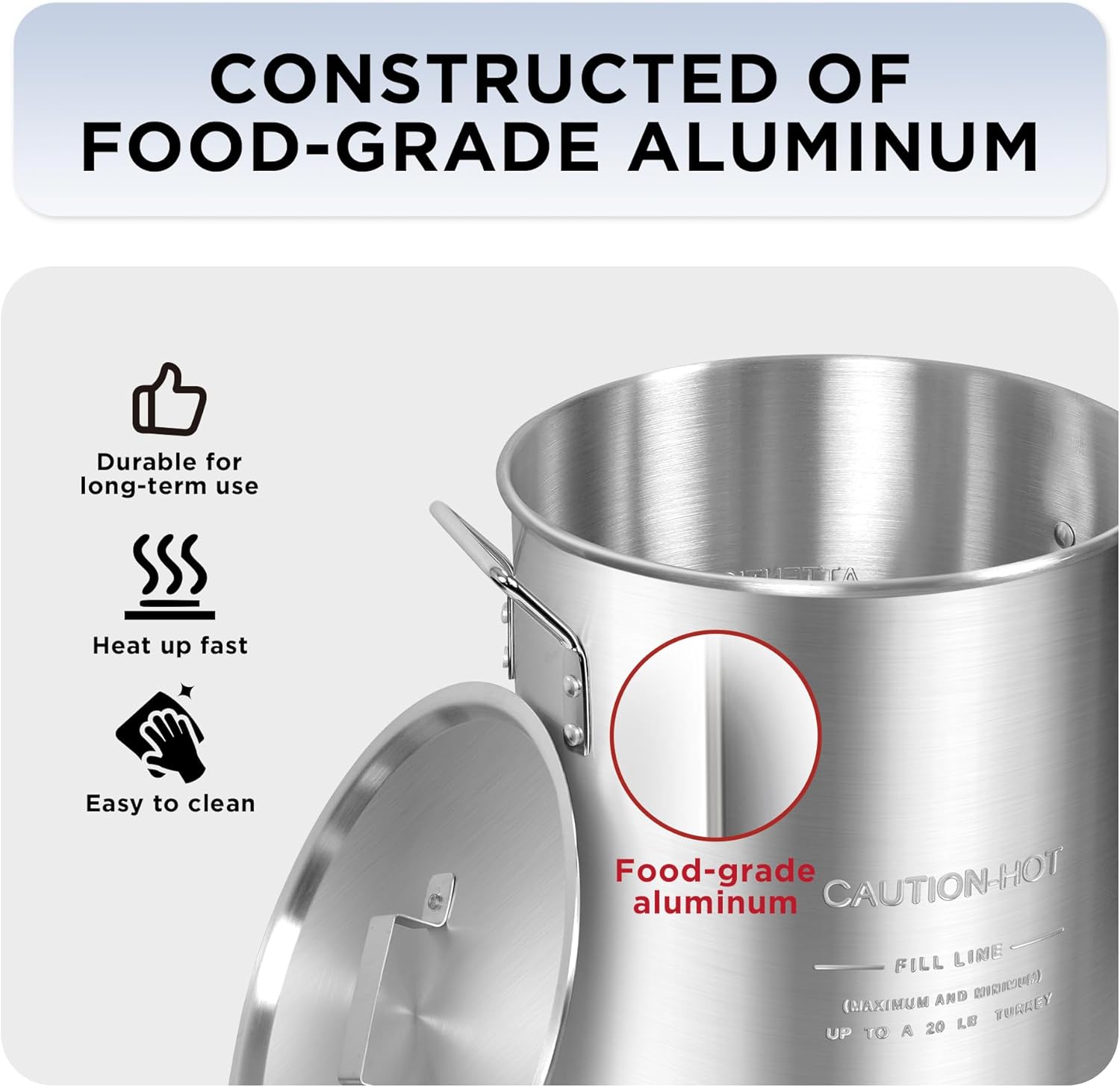 30QT Aluminum Turkey Pot with Lid and Side Handles for Seafood and Turkey Cooking Outdoors