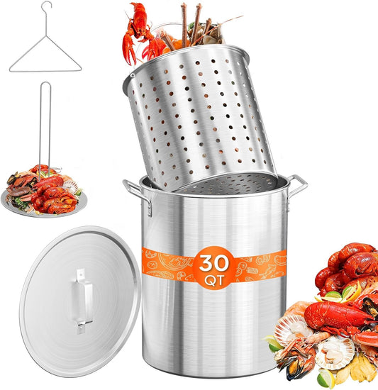 30QT Turkey Fryer Pot with Strainer Basket, Lid & Steamer - Aluminum Stock Pot for Outdoor Cooking & Gatherings