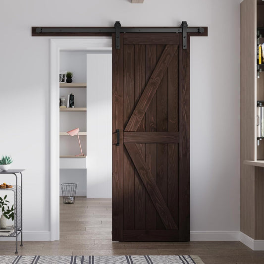 30x84 Brown Barn Door with 5ft Hardware Track Kit and Handle - Double Surfaces, K-Frame, Coffee Color - Easy Assembly