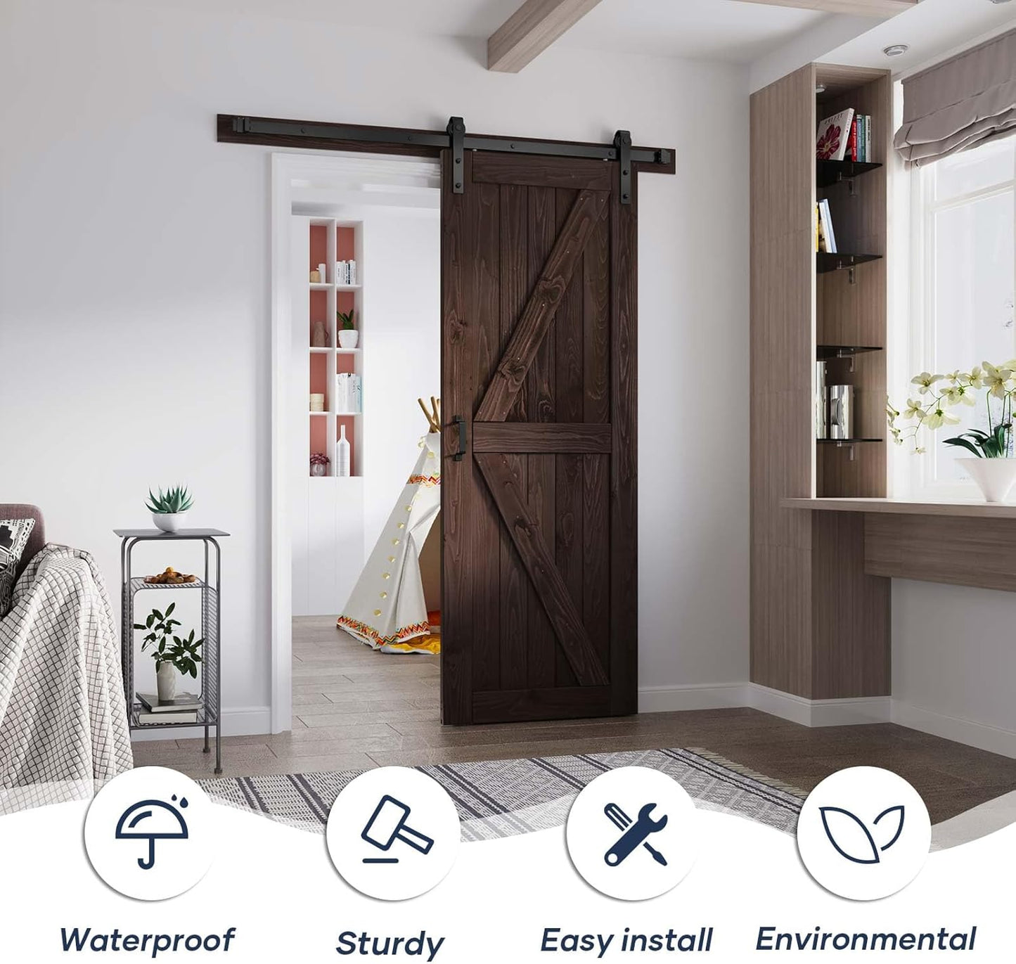 30x84 Brown Barn Door with 5ft Hardware Track Kit and Handle - Double Surfaces, K-Frame, Coffee Color - Easy Assembly