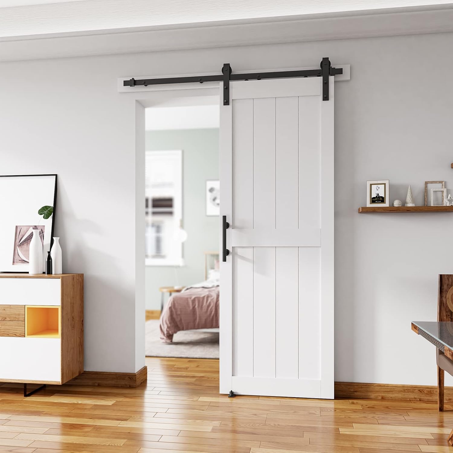 30''x84'' White Sliding Barn Door Kit with 5 Ft Hardware - Easy Assembly, Water-Proof PVC Surface, H-Frame - WildKart