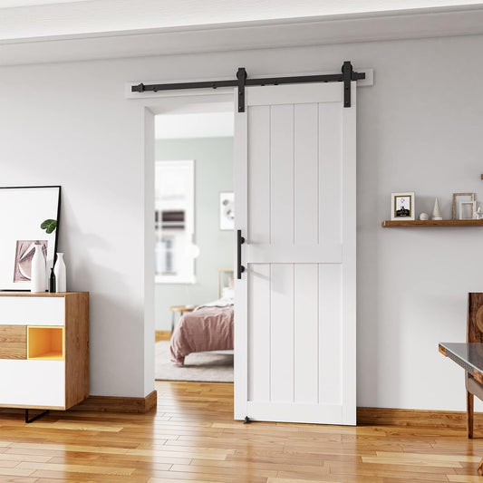 30''x84'' White Sliding Barn Door Kit with 5 Ft Hardware - Easy Assembly, Water-Proof PVC Surface, H-Frame - WildKart