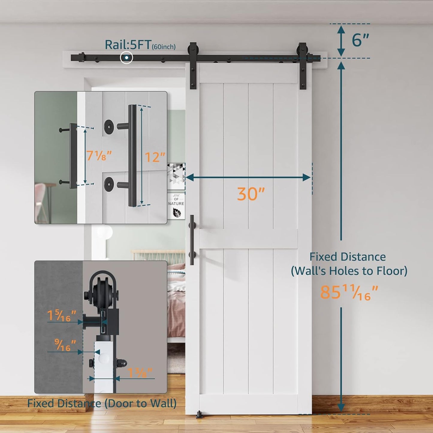 30''x84'' White Sliding Barn Door Kit with 5 Ft Hardware - Easy Assembly, Water-Proof PVC Surface, H-Frame - WildKart