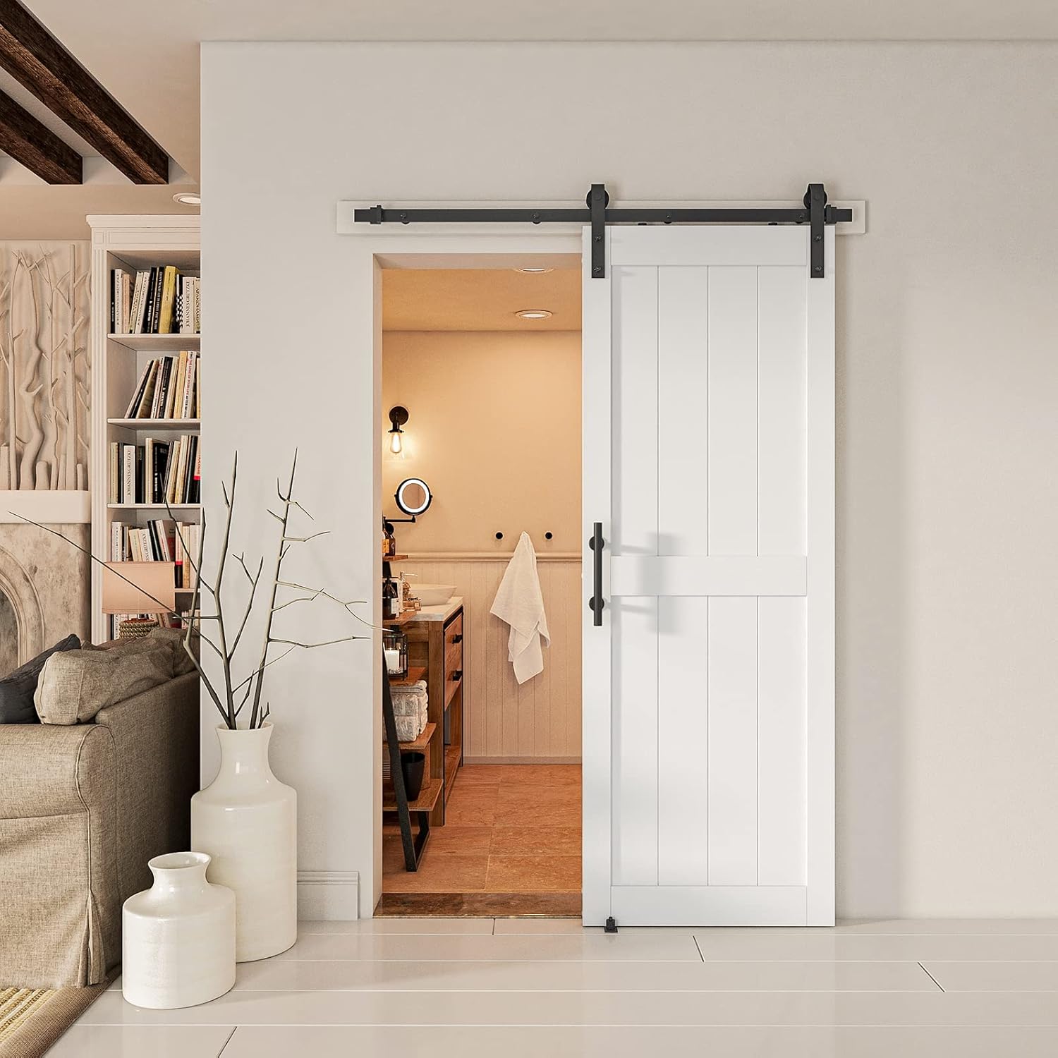 30''x84'' White Sliding Barn Door Kit with 5 Ft Hardware - Easy Assembly, Water-Proof PVC Surface, H-Frame - WildKart