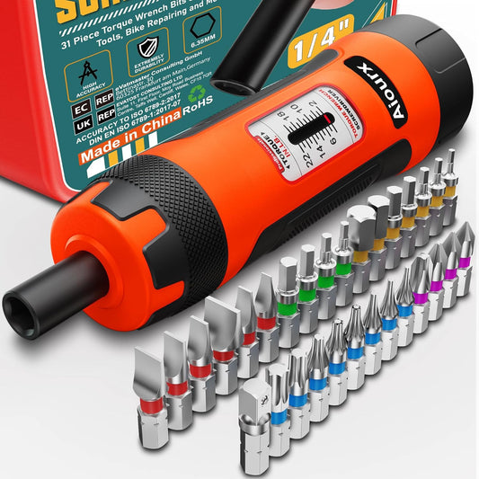 31-Piece Aiourx Torque Screwdriver Set with S2 Steel Bits, 1/4" Drive 2-22 Inch Pounds for Scope Mounting and Bicycle Maintenance