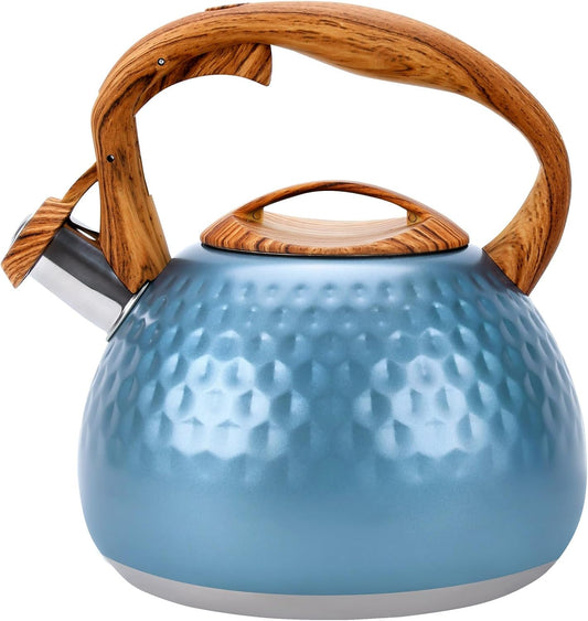 3.1 Quart GGC Tea Kettle for Stove Top - Loud Whistling Stainless Steel Kettle with Wood Pattern Handle and Unique Button Control Outlet, Ideal for Boiling Water, Coffee, or Milk