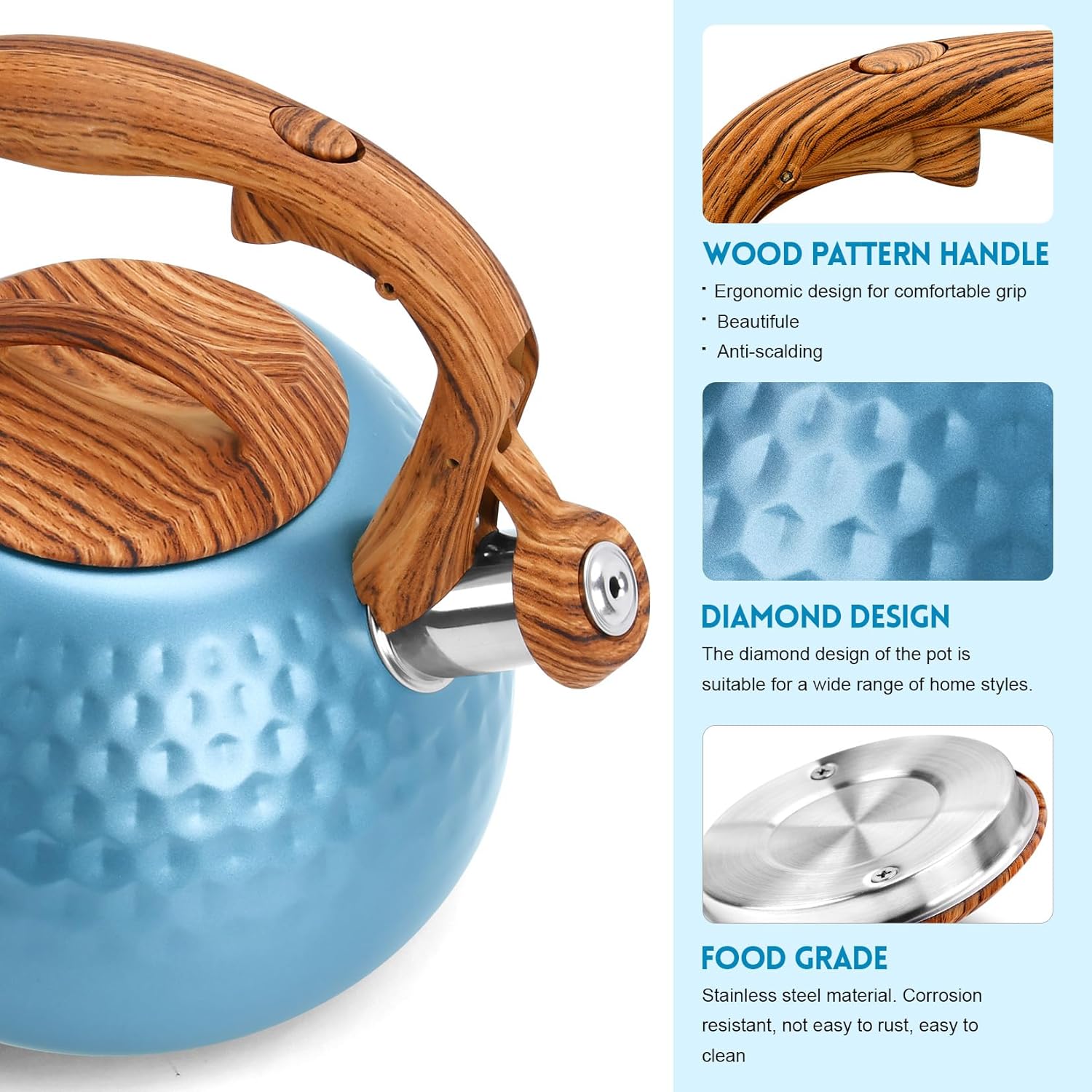 3.1 Quart GGC Tea Kettle for Stove Top - Loud Whistling Stainless Steel Kettle with Wood Pattern Handle and Unique Button Control Outlet, Ideal for Boiling Water, Coffee, or Milk