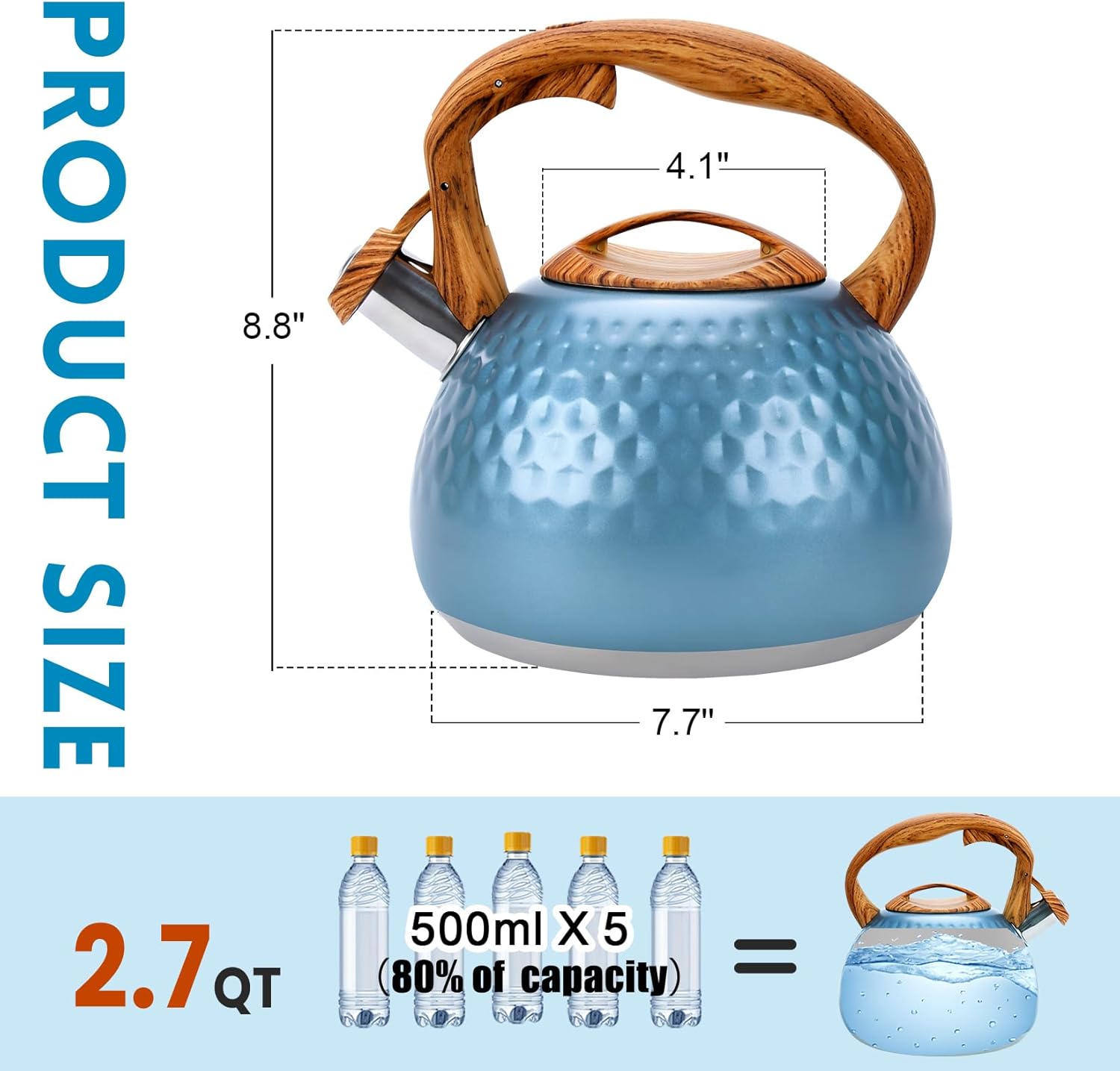 3.1 Quart GGC Tea Kettle for Stove Top - Loud Whistling Stainless Steel Kettle with Wood Pattern Handle and Unique Button Control Outlet, Ideal for Boiling Water, Coffee, or Milk