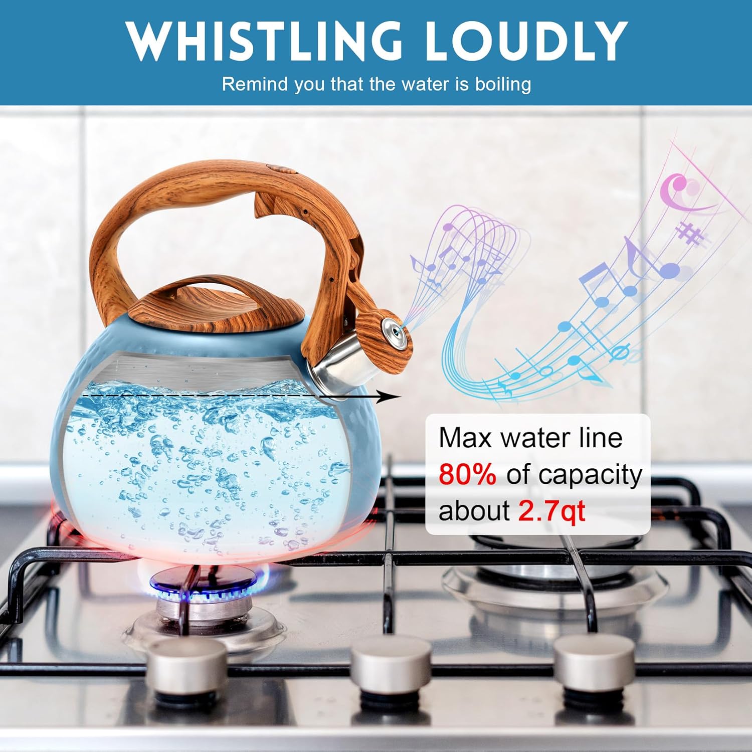3.1 Quart GGC Tea Kettle for Stove Top - Loud Whistling Stainless Steel Kettle with Wood Pattern Handle and Unique Button Control Outlet, Ideal for Boiling Water, Coffee, or Milk