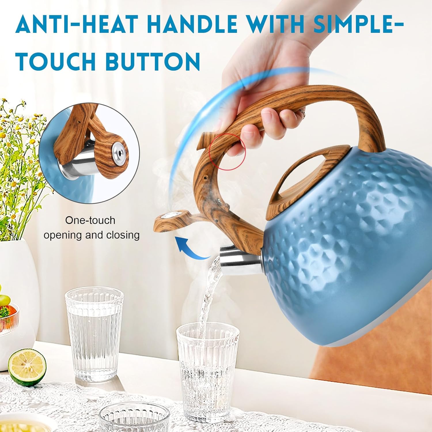 3.1 Quart GGC Tea Kettle for Stove Top - Loud Whistling Stainless Steel Kettle with Wood Pattern Handle and Unique Button Control Outlet, Ideal for Boiling Water, Coffee, or Milk