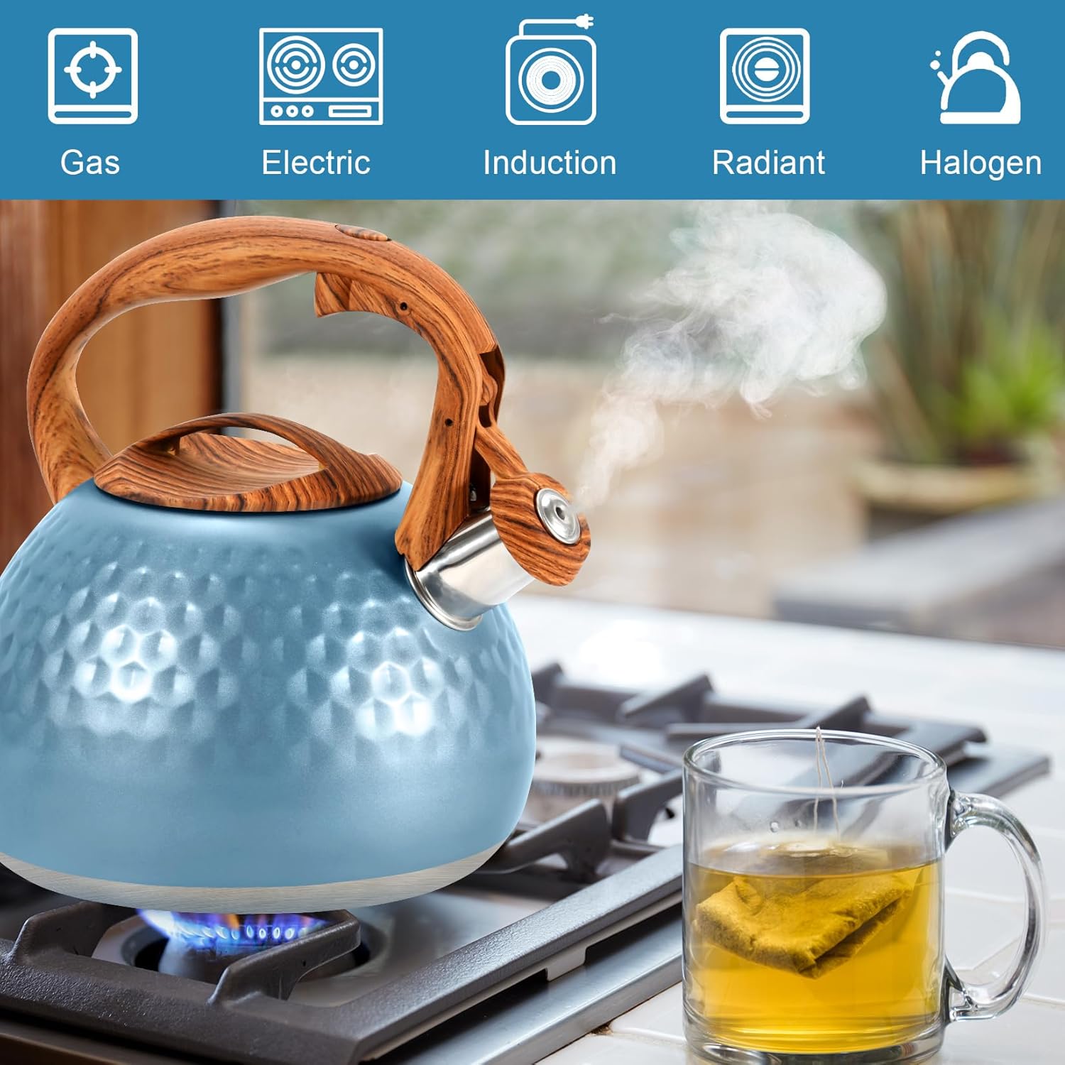 3.1 Quart GGC Tea Kettle for Stove Top - Loud Whistling Stainless Steel Kettle with Wood Pattern Handle and Unique Button Control Outlet, Ideal for Boiling Water, Coffee, or Milk