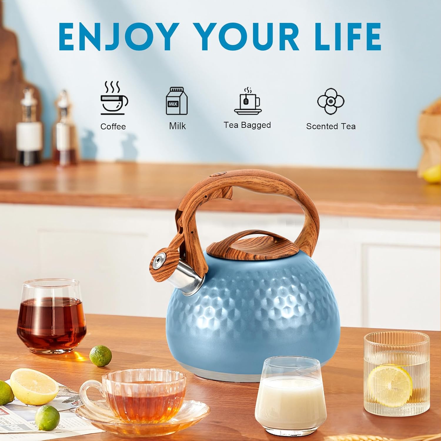 3.1 Quart GGC Tea Kettle for Stove Top - Loud Whistling Stainless Steel Kettle with Wood Pattern Handle and Unique Button Control Outlet, Ideal for Boiling Water, Coffee, or Milk