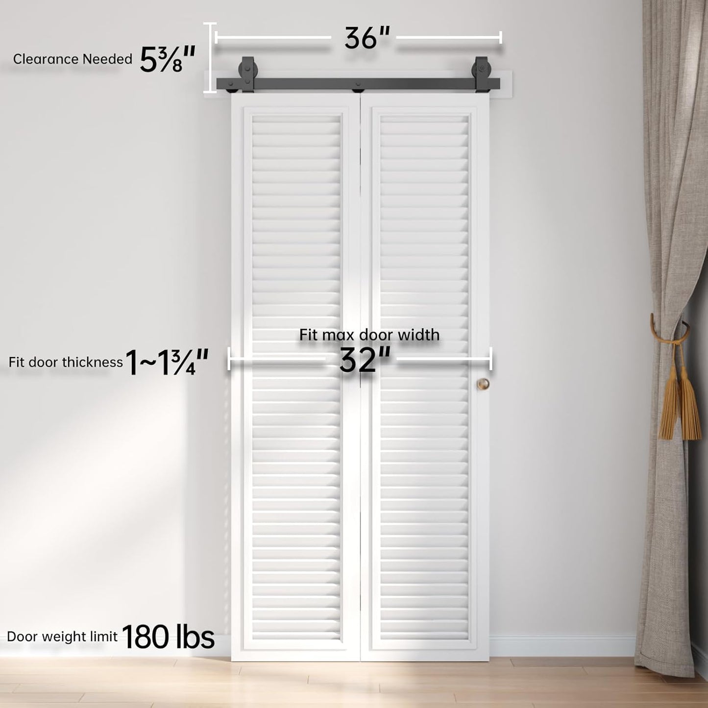 32" Bi-Folding Sliding Barn Door Hardware Kit for 2 Closet Doors - Top Mount Roller, Heavy Duty, Smooth & Quiet, Easy Install - Black (Track Length 36" for Double 16" Wide Door) - WildKart
