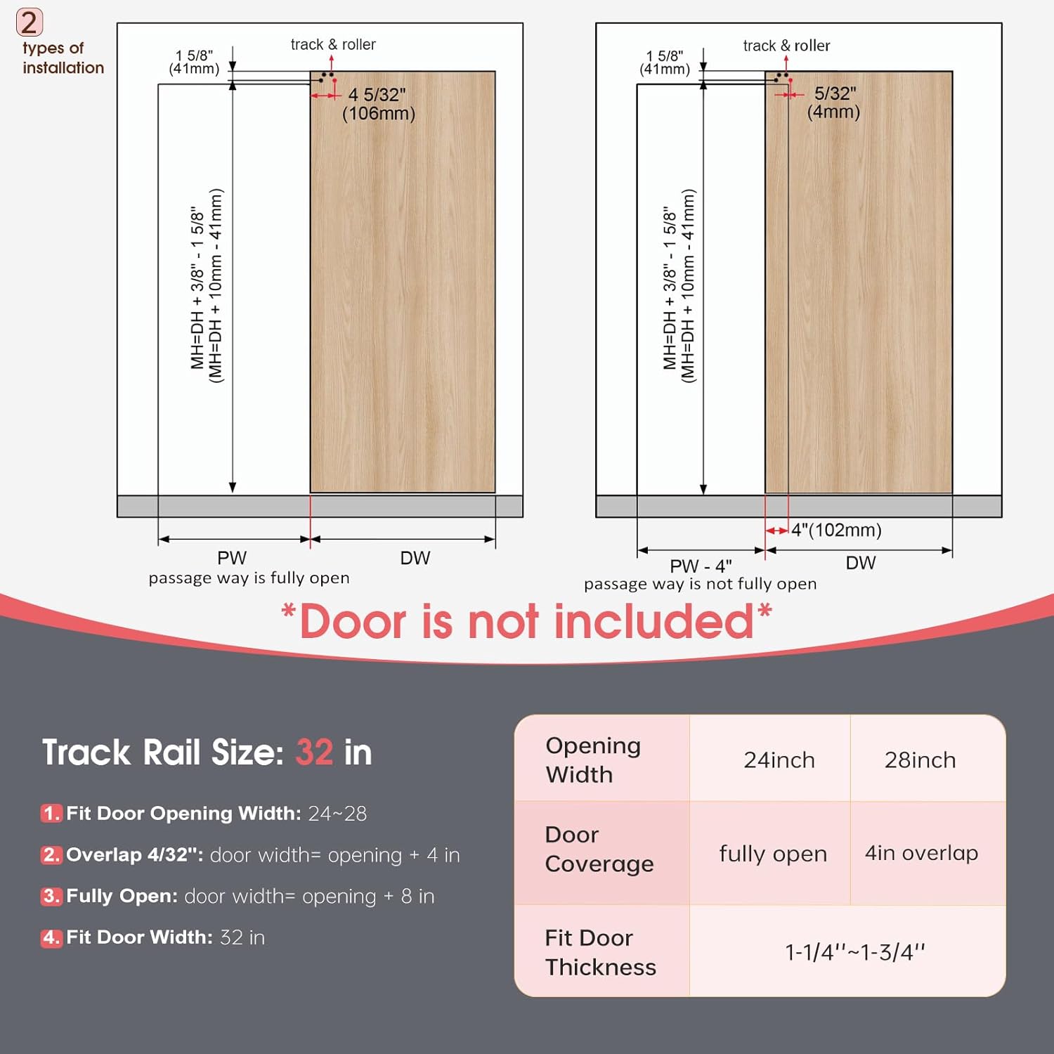 32" Concealed Sliding Barn Door Hardware Kit with Soft Close Mechanism - Wall Mount for Interior Wooden Doors, Aluminum Track System - Fits 24-28in Passage Opening - WildKart