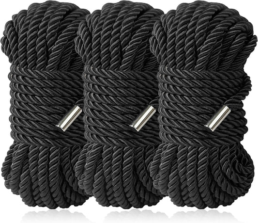 32 Feet 8mm Silk Rope - Durable Skin-Friendly Braided Twisted Rope - Multipurpose Soft Satin Rope for Various Uses (3 Black)