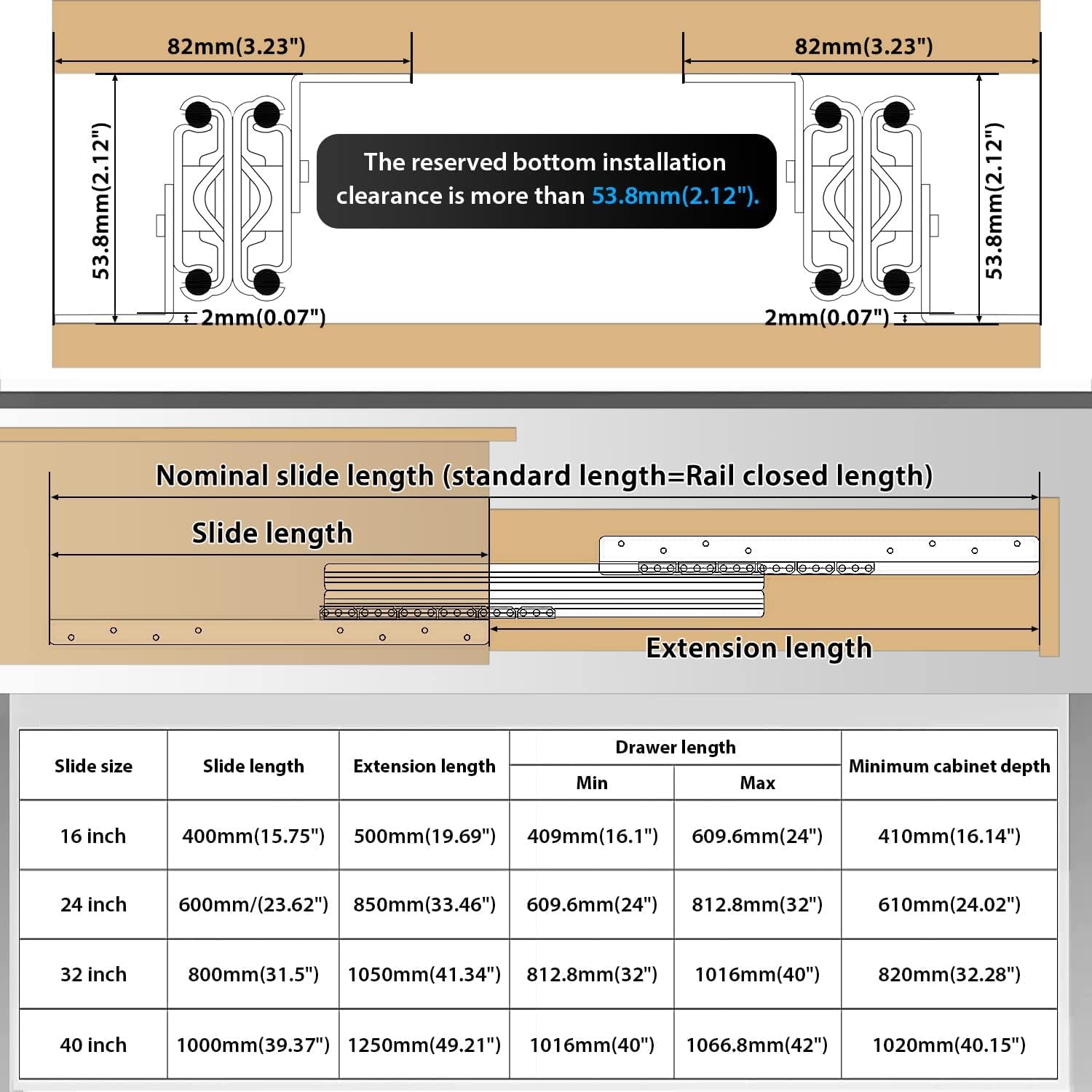 32 Inch Black Undermount Heavy Duty Drawer Slides Full Extension Bottom Mounted - 260 Lb Capacity - 1 Pair