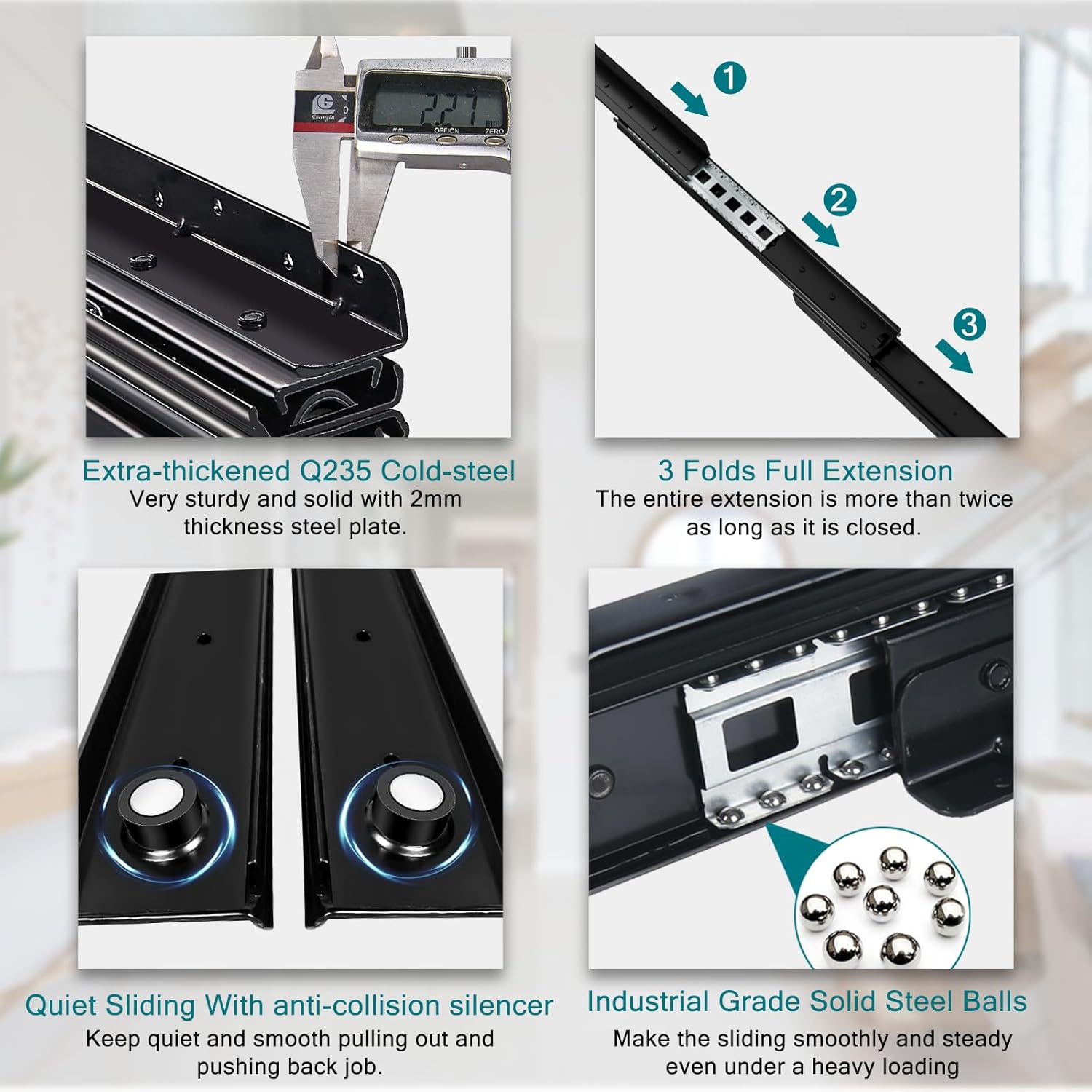 32 Inch Black Undermount Heavy Duty Drawer Slides Full Extension Bottom Mounted - 260 Lb Capacity - 1 Pair