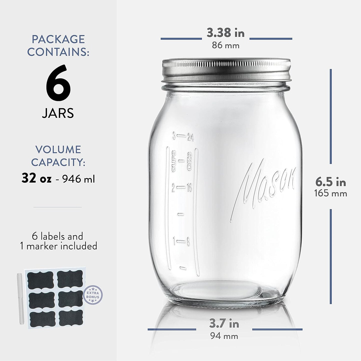 32 oz 6-Pack Airtight Mason Jars for Food Storage, Pickling, Canning, and Home Decor