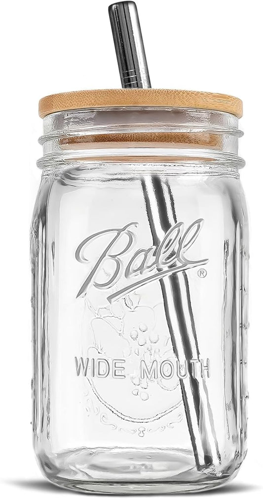 32 oz Ball Wide Mouth Mason Jar with Reusable Bamboo Lid & Stainless Steel Straw - Ideal for Smoothies, Milkshakes, Iced Coffee, Tea - 1 Pack