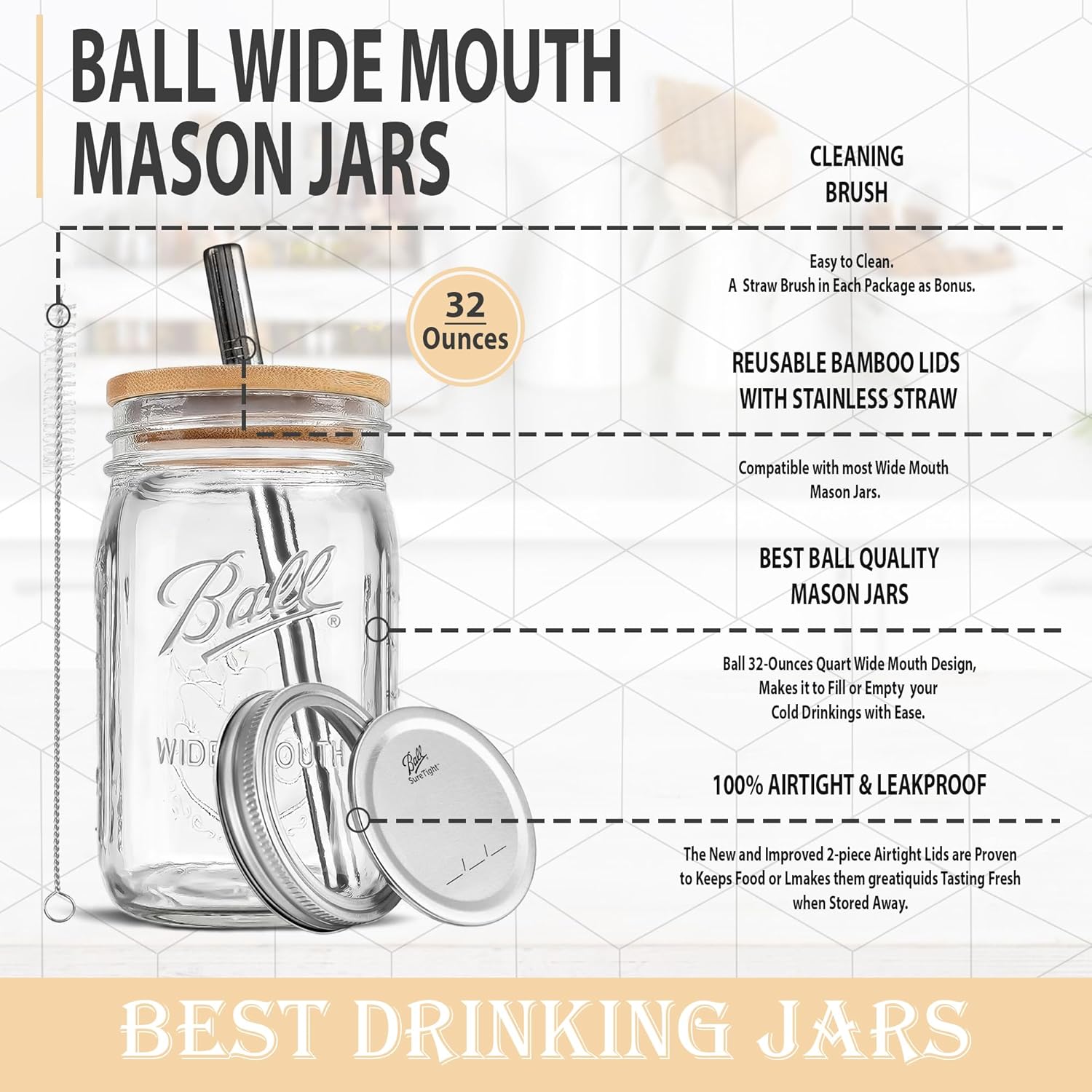 32 oz Ball Wide Mouth Mason Jar with Reusable Bamboo Lid & Stainless Steel Straw - Ideal for Smoothies, Milkshakes, Iced Coffee, Tea - 1 Pack