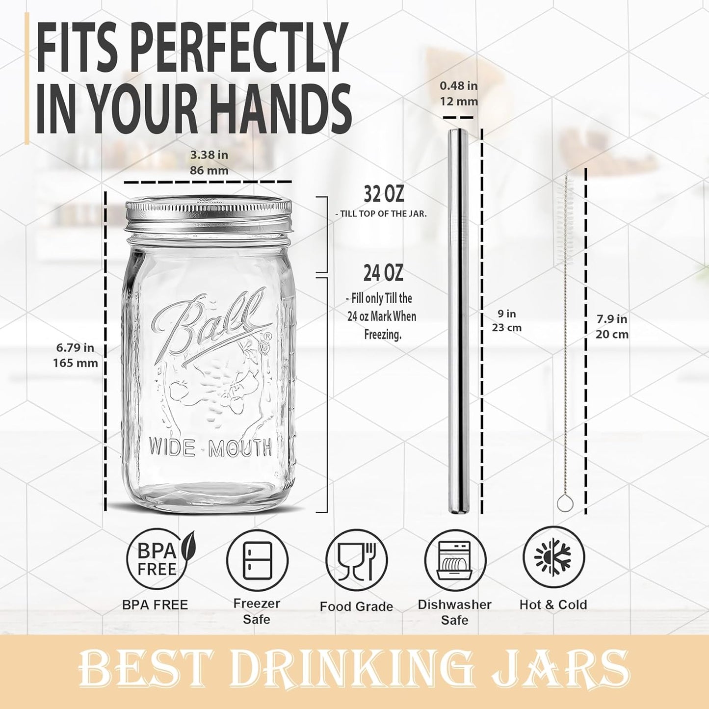 32 oz Ball Wide Mouth Mason Jar with Reusable Bamboo Lid & Stainless Steel Straw - Ideal for Smoothies, Milkshakes, Iced Coffee, Tea - 1 Pack