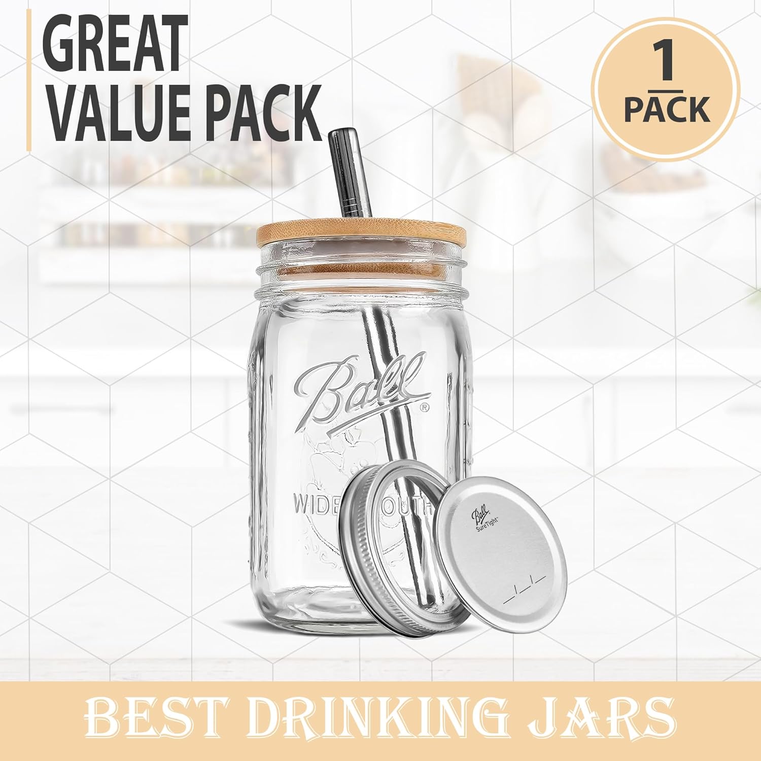 32 oz Ball Wide Mouth Mason Jar with Reusable Bamboo Lid & Stainless Steel Straw - Ideal for Smoothies, Milkshakes, Iced Coffee, Tea - 1 Pack