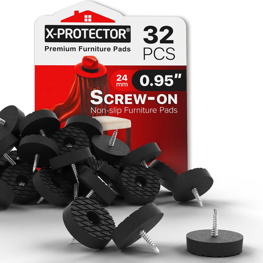 32 Pack 0.95" Screw On Rubber Furniture Feet - Premium Non Slip Pads for Chair Legs - Furniture Grippers for All Surfaces - Protect Floors from Skidding