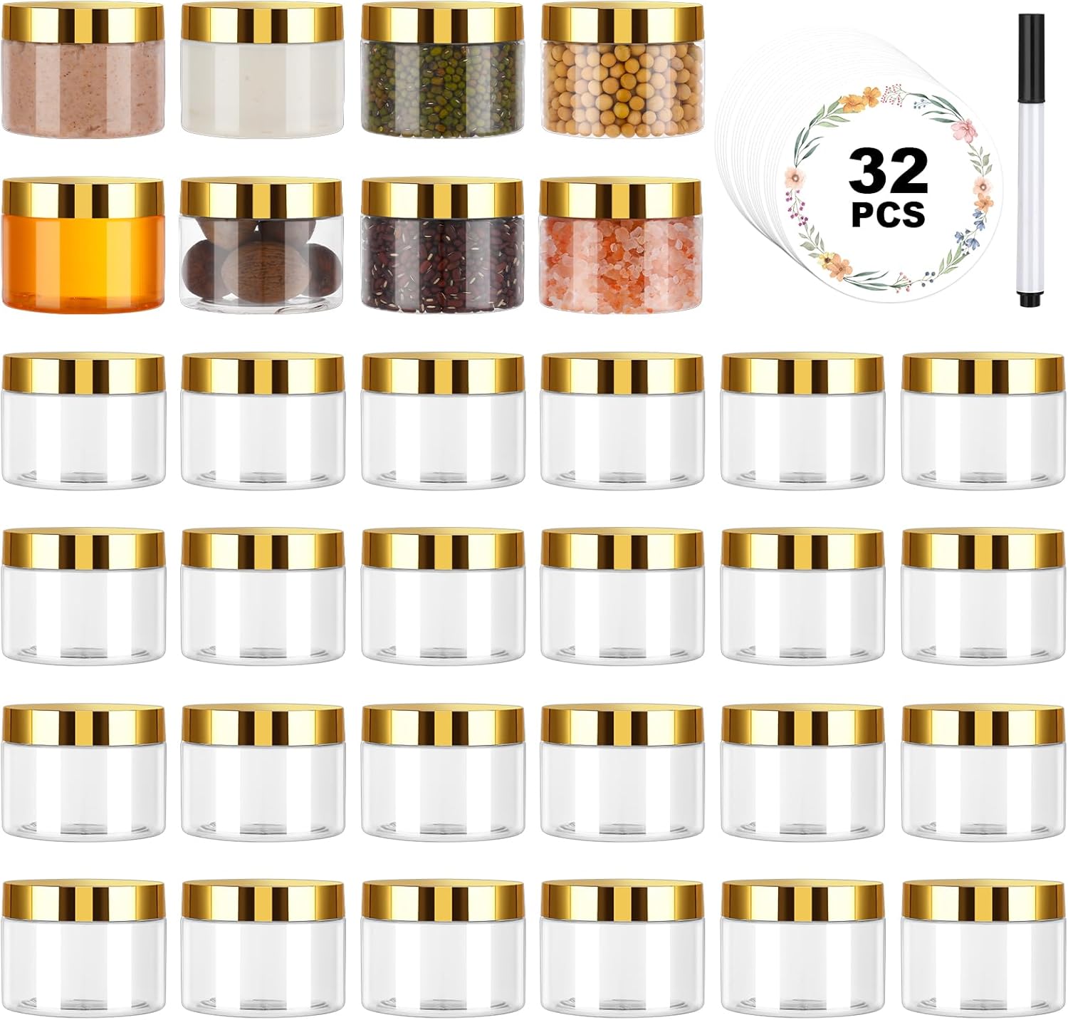 32 Pack 5 oz Plastic Jars with Gold Lids - Clear Empty Containers for Body Butter, Makeup, and Food Storage
