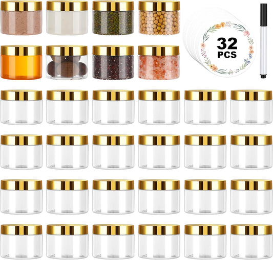 32 Pack 5 oz Plastic Jars with Gold Lids - Clear Empty Containers for Body Butter, Makeup, and Food Storage