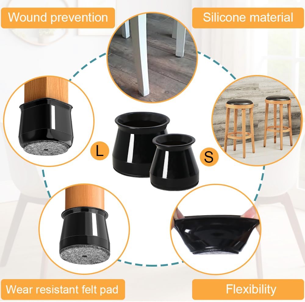 32 Pcs Black Silicone Chair Leg Floor Protectors for Hardwood Floors - Furniture Leg Caps to Prevent Scratching and Noise - Large Size (1.3'' - 2'')