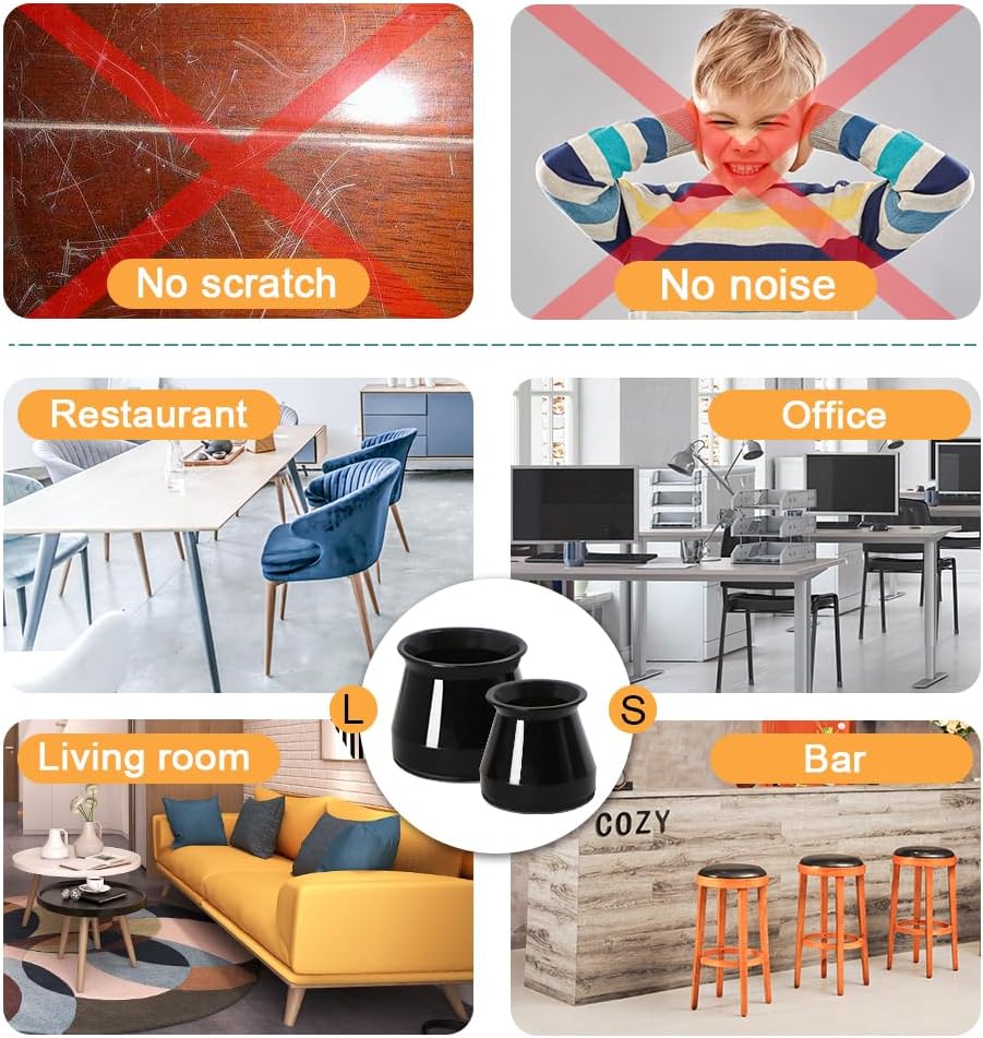 32 Pcs Black Silicone Chair Leg Floor Protectors for Hardwood Floors - Furniture Leg Caps to Prevent Scratching and Noise - Large Size (1.3'' - 2'')
