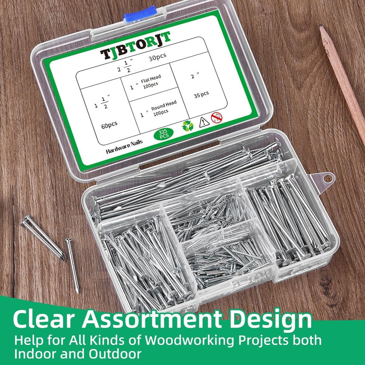 325pcs Heavy Duty Picture Hanging Nails for Wall Art - 5 Sizes Including Frame and Finishing Nails - Up to 2.5" Long