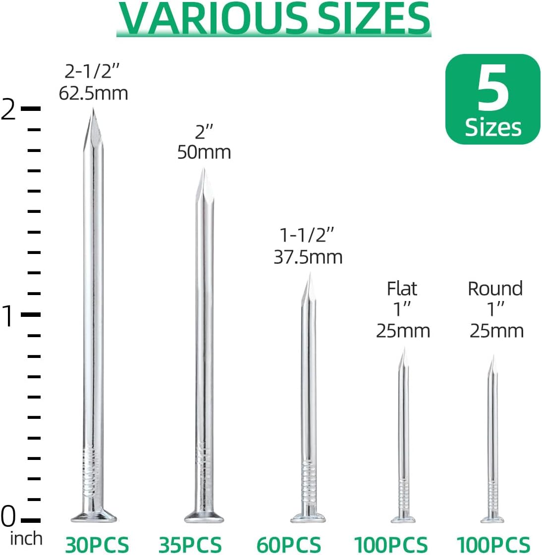 325pcs Heavy Duty Picture Hanging Nails for Wall Art - 5 Sizes Including Frame and Finishing Nails - Up to 2.5" Long