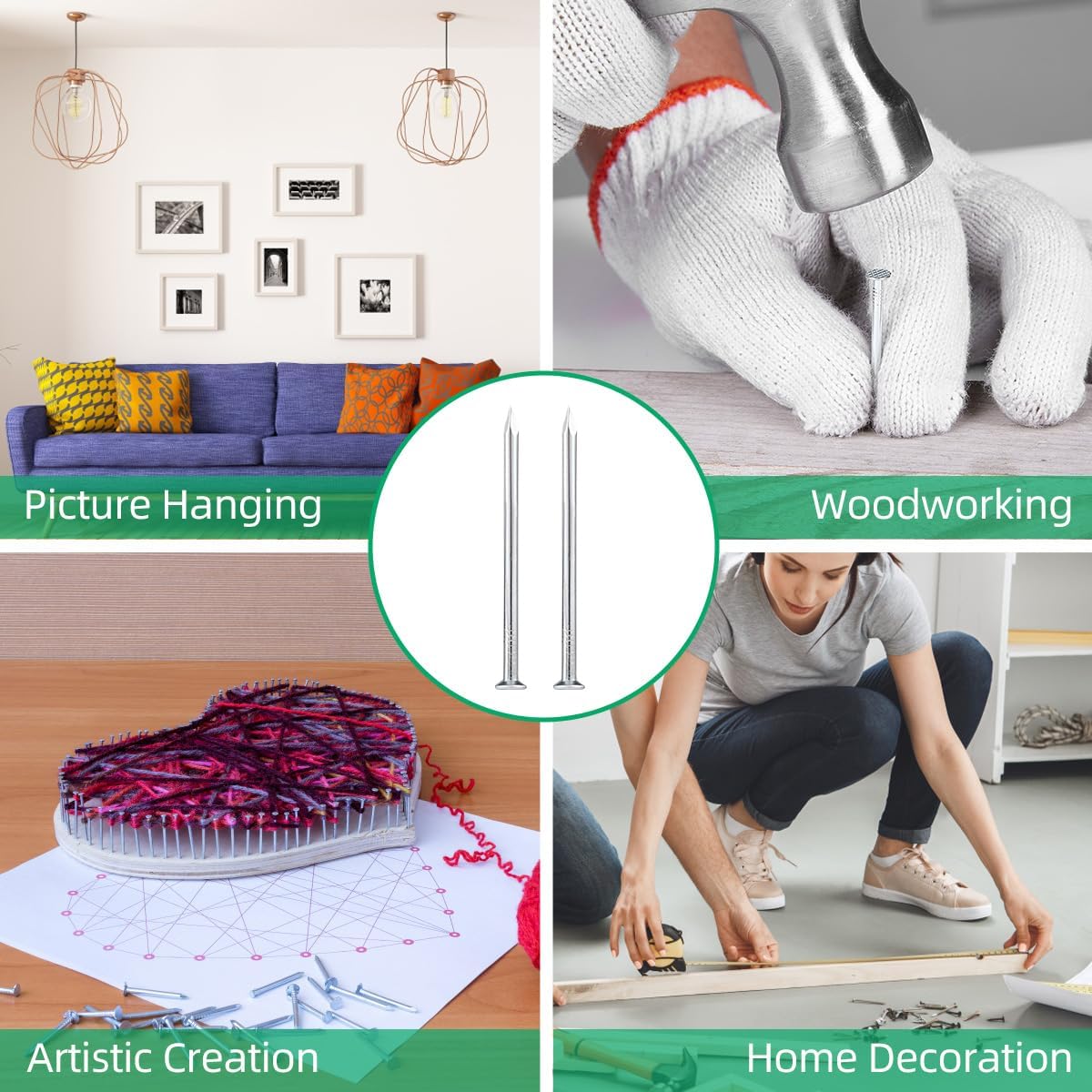 325pcs Heavy Duty Picture Hanging Nails for Wall Art - 5 Sizes Including Frame and Finishing Nails - Up to 2.5" Long