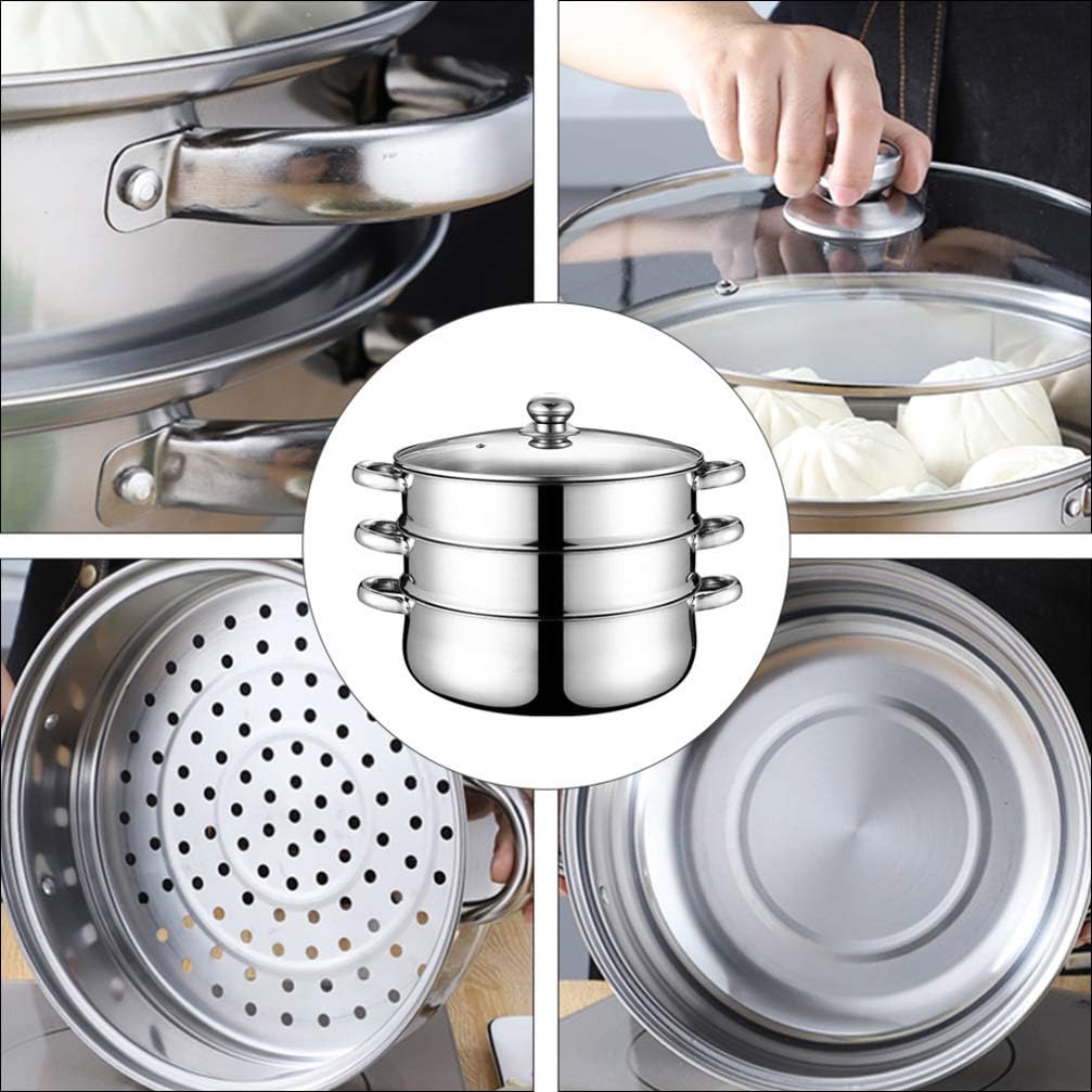 32CM Stainless Steel 3-Tier Vegetable Steamer Pot for Seafood, Vegetables, and Dumplings